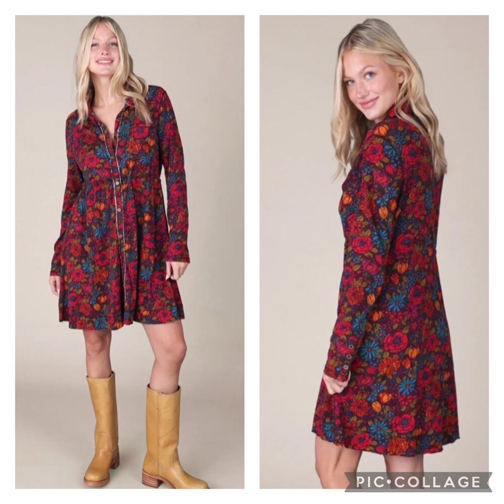 Natural Life Christa Fall Floral Cotton Knit Dress Button Front NEW Size XS